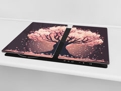 Chopping Board - Induction Cooktop Cover - Glass Cutting Board – Impact & Shatter Resistant – MEASURES: SINGLE: 60 x 52 cm; DOUBLE: 2 x 30 x 52 cm; D42 Modern Art Series : Japanese Sakura Tree