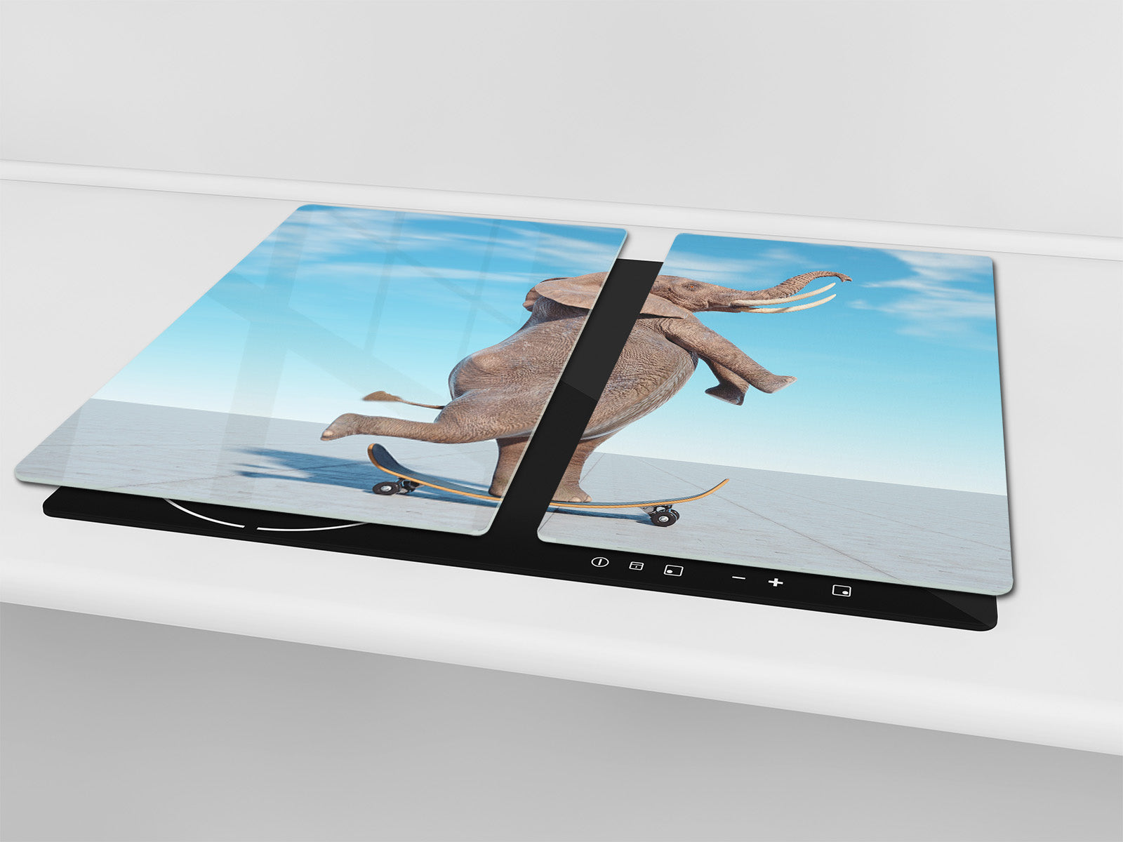 Versatile Tempered Glass Worktop Saver and Induction Cooktop Cover – Durable and Scratch-Resistant – MEASURES: SINGLE: 60 x 52 cm; DOUBLE: 2 x 30 x 52 cm; D41 Abstract Concepts Series 1 : Surreal skateboarding