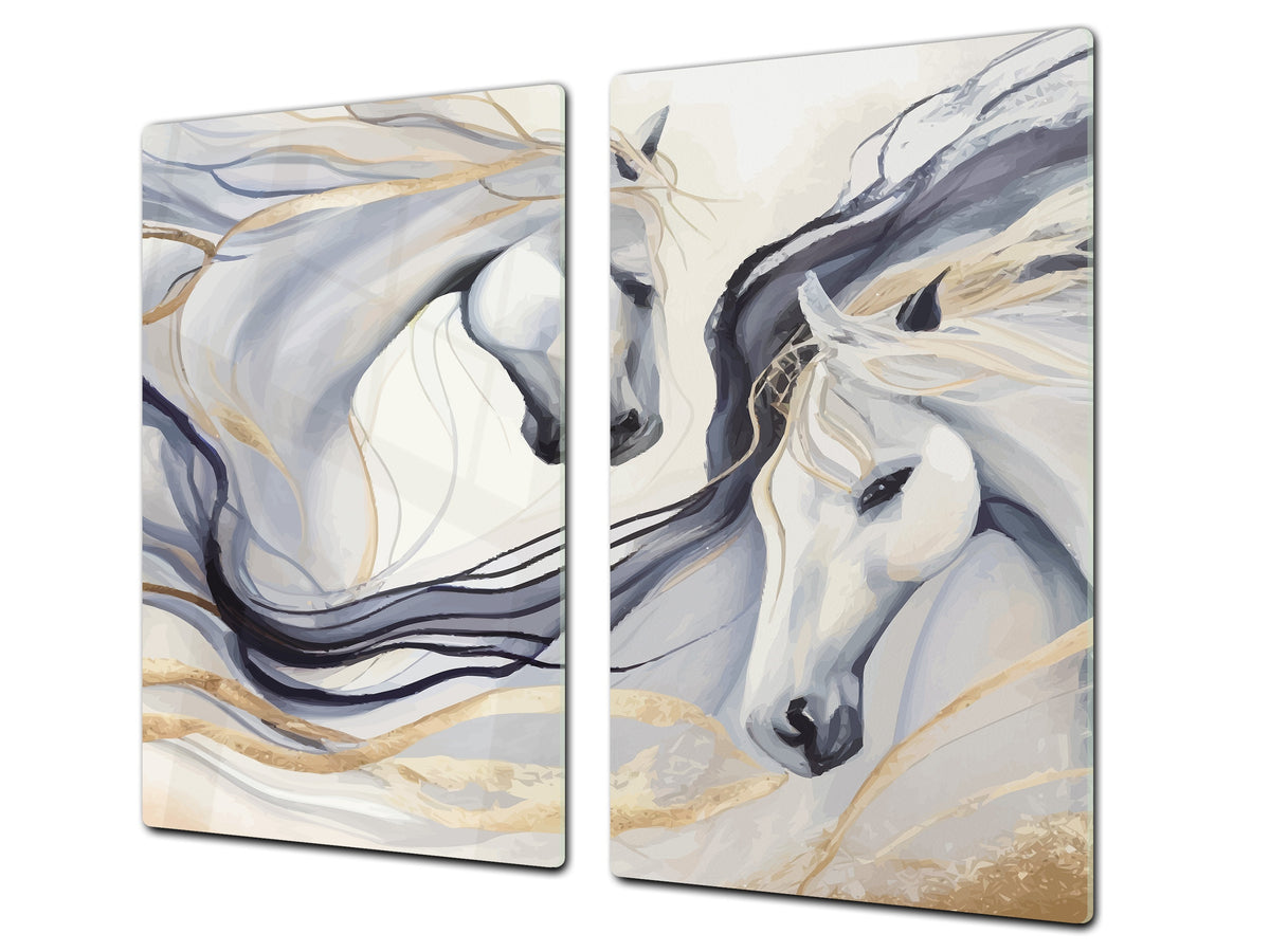 Tempered Glass Multi-Function Board: Cooktop Cover, Pastry and Hot Pot Stand and Worktop Saver – MEASURES: SINGLE: 60 x 52 cm; DOUBLE: 2 x 30 x 52 cm; D43 Abstract Concepts Series 2 : Dance of Horses