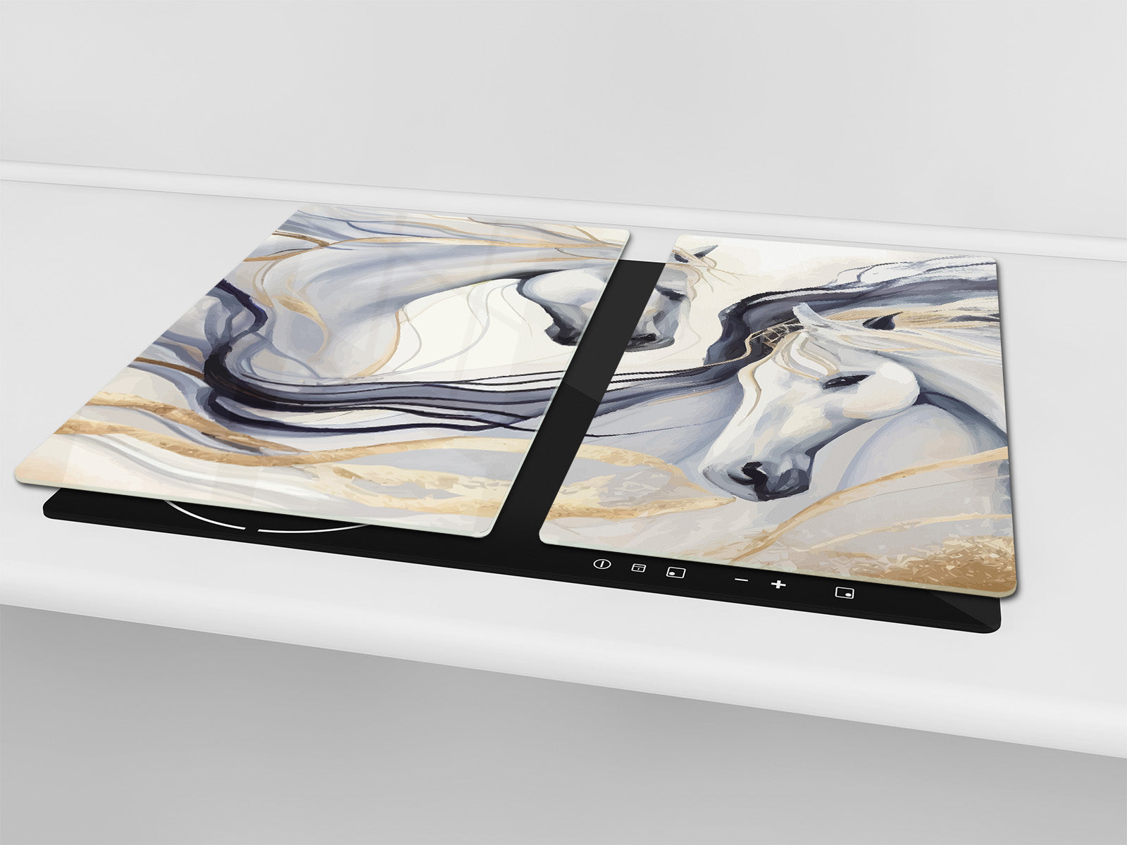 Tempered Glass Multi-Function Board: Cooktop Cover, Pastry and Hot Pot Stand and Worktop Saver – MEASURES: SINGLE: 60 x 52 cm; DOUBLE: 2 x 30 x 52 cm; D43 Abstract Concepts Series 2 : Dance of Horses