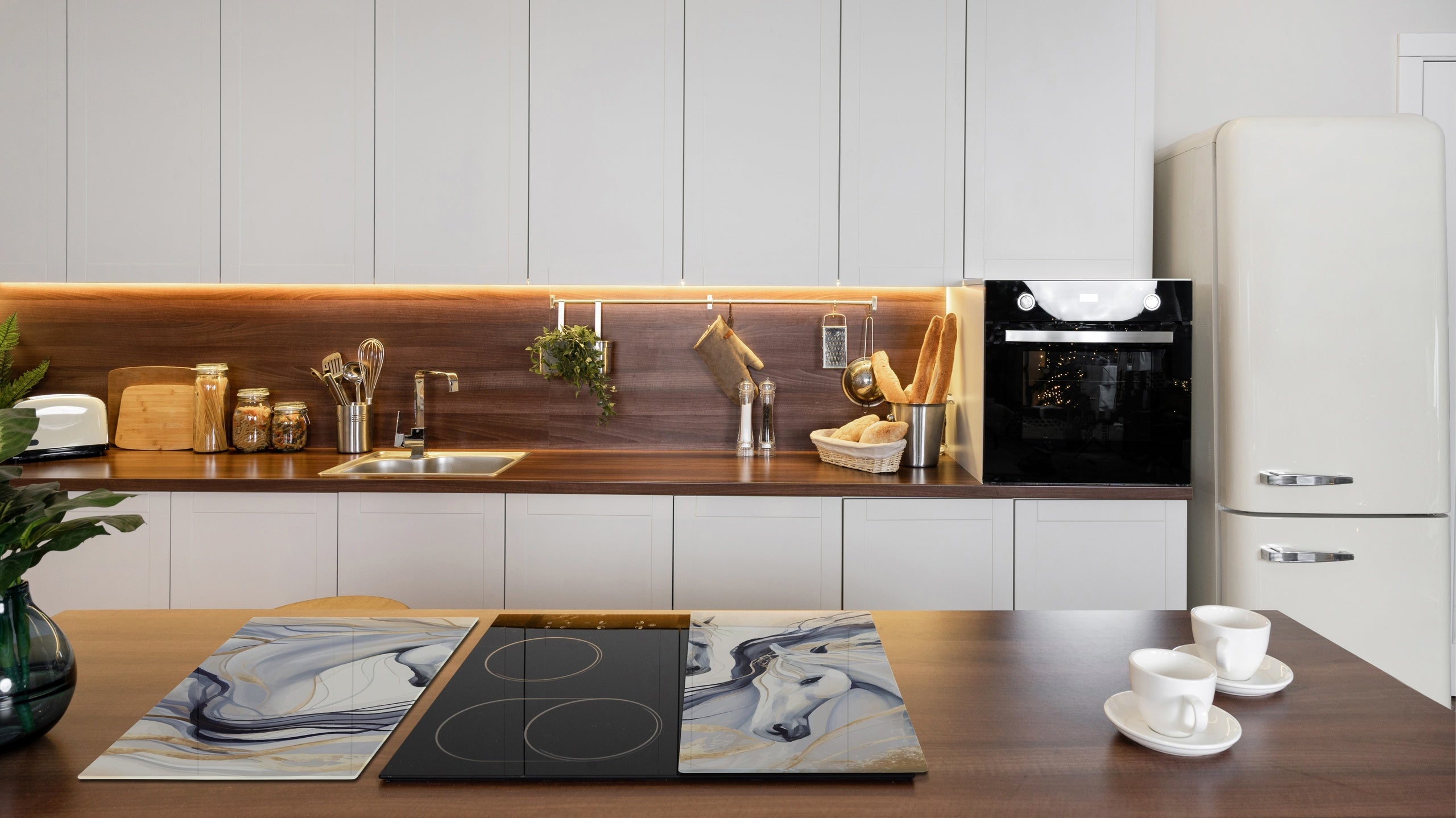 Tempered Glass Multi-Function Board: Cooktop Cover, Pastry and Hot Pot Stand and Worktop Saver – MEASURES: SINGLE: 60 x 52 cm; DOUBLE: 2 x 30 x 52 cm; D43 Abstract Concepts Series 2 : Dance of Horses