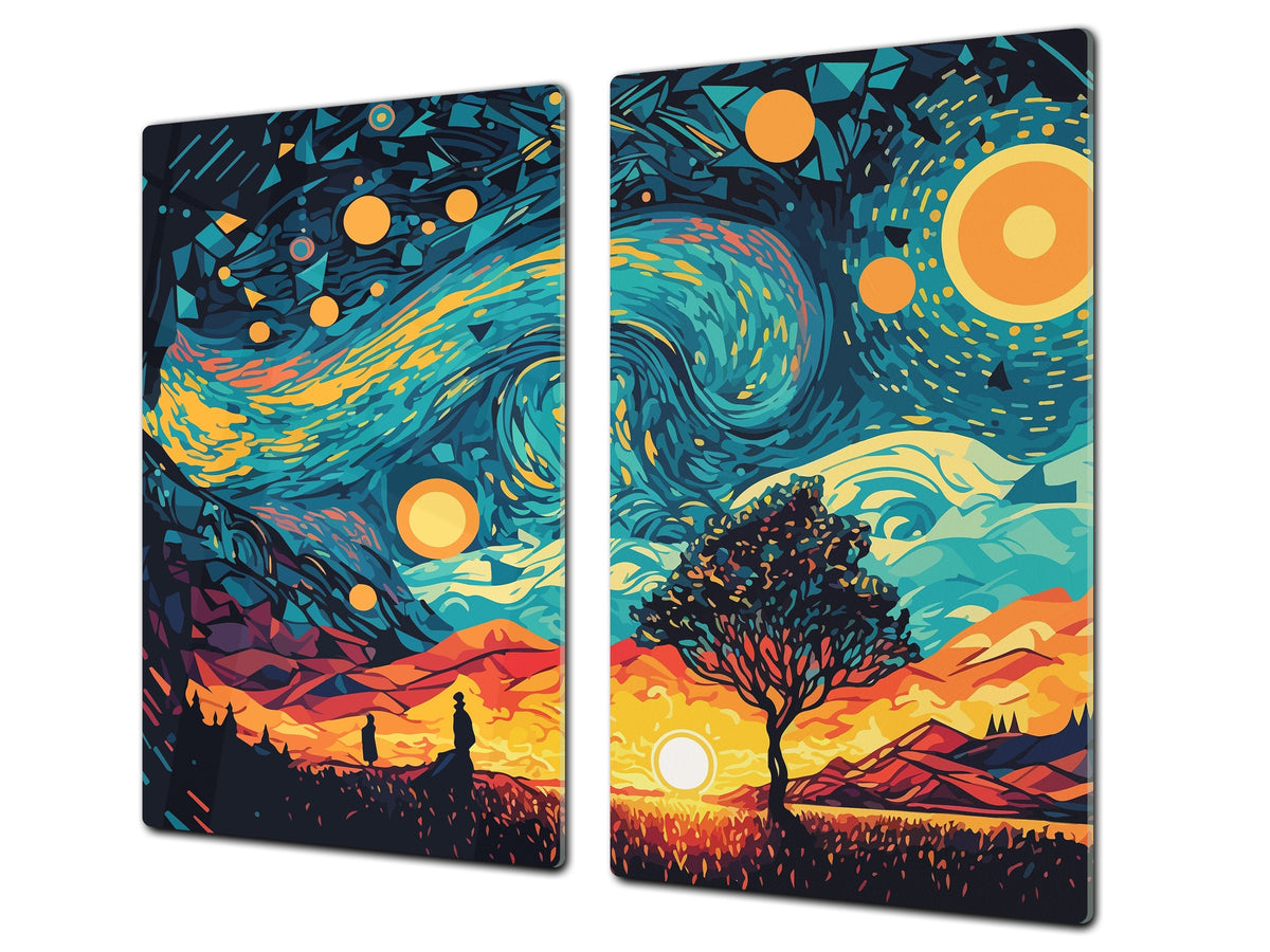 Premium Tempered Glass Cutting Board and Worktop Saver – Glass Pastry Board and Cooktop Cover – MEASURES: SINGLE: 60 x 52 cm; DOUBLE: 2 x 30 x 52 cm; D40 Colorful Illustrations Series : Geometic Sunrise