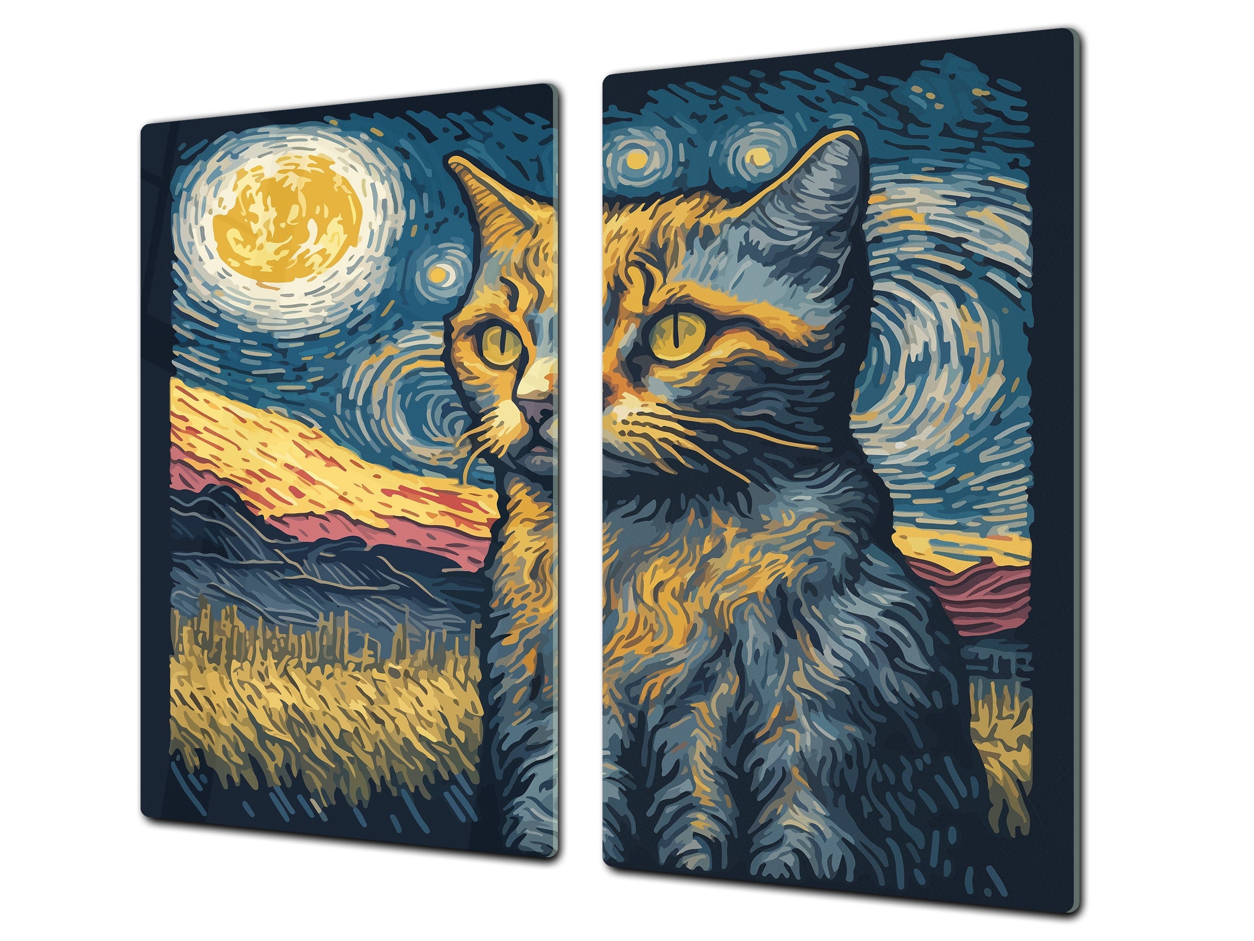 Versatile Tempered Glass Worktop Saver and Induction Cooktop Cover – Durable and Scratch-Resistant – MEASURES: SINGLE: 60 x 52 cm; DOUBLE: 2 x 30 x 52 cm; D41 Abstract Concepts Series 1 : Van Gogh's Cat