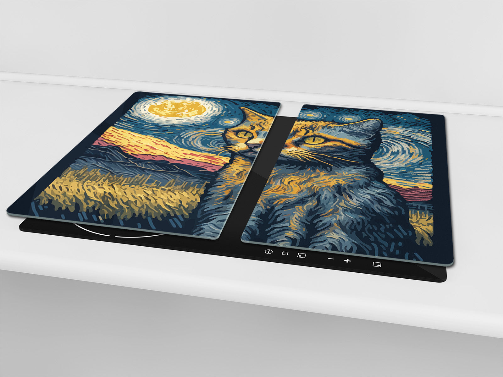 Versatile Tempered Glass Worktop Saver and Induction Cooktop Cover – Durable and Scratch-Resistant – MEASURES: SINGLE: 60 x 52 cm; DOUBLE: 2 x 30 x 52 cm; D41 Abstract Concepts Series 1 : Van Gogh's Cat