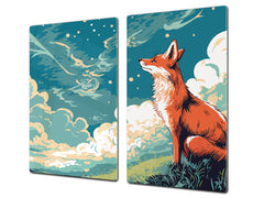 Chopping Board - Induction Cooktop Cover - Glass Cutting Board – Impact & Shatter Resistant – MEASURES: SINGLE: 60 x 52 cm; DOUBLE: 2 x 30 x 52 cm; D42 Modern Art Series : Cartoon Fox