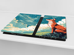 Chopping Board - Induction Cooktop Cover - Glass Cutting Board – Impact & Shatter Resistant – MEASURES: SINGLE: 60 x 52 cm; DOUBLE: 2 x 30 x 52 cm; D42 Modern Art Series : Cartoon Fox