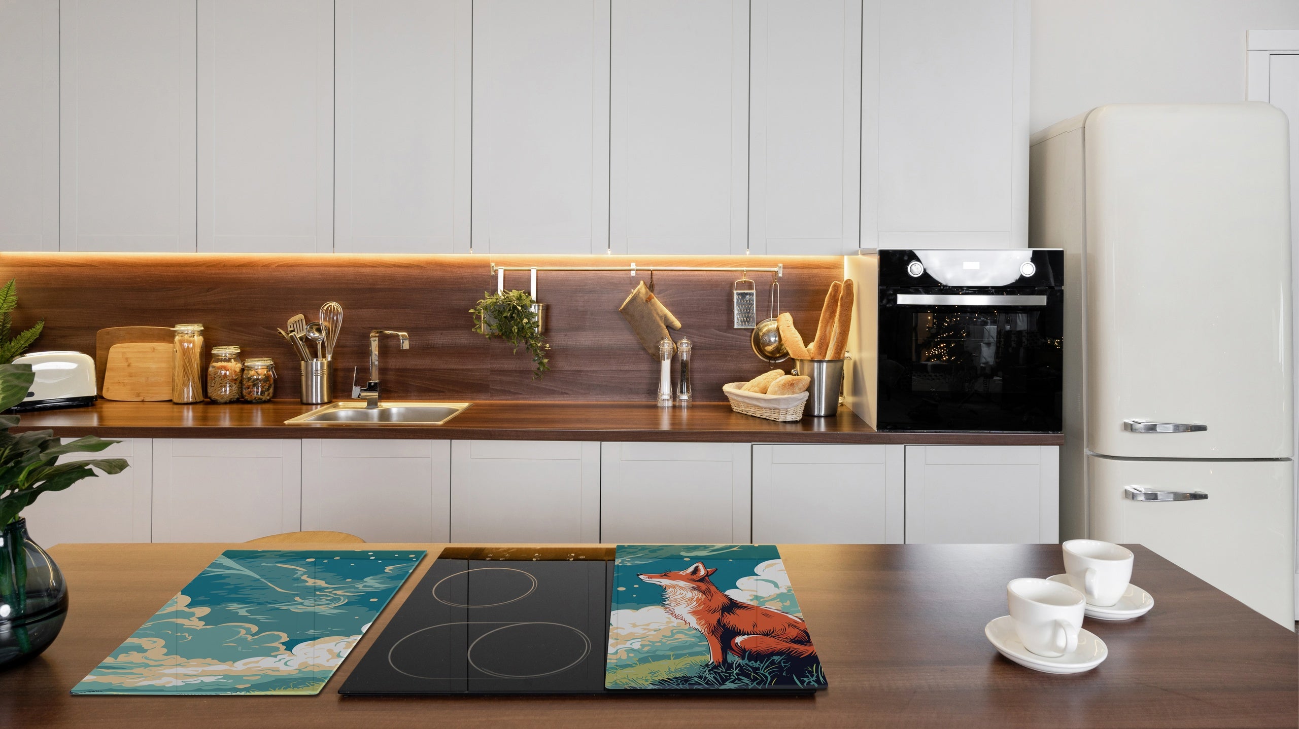Chopping Board - Induction Cooktop Cover - Glass Cutting Board – Impact & Shatter Resistant – MEASURES: SINGLE: 60 x 52 cm; DOUBLE: 2 x 30 x 52 cm; D42 Modern Art Series : Cartoon Fox
