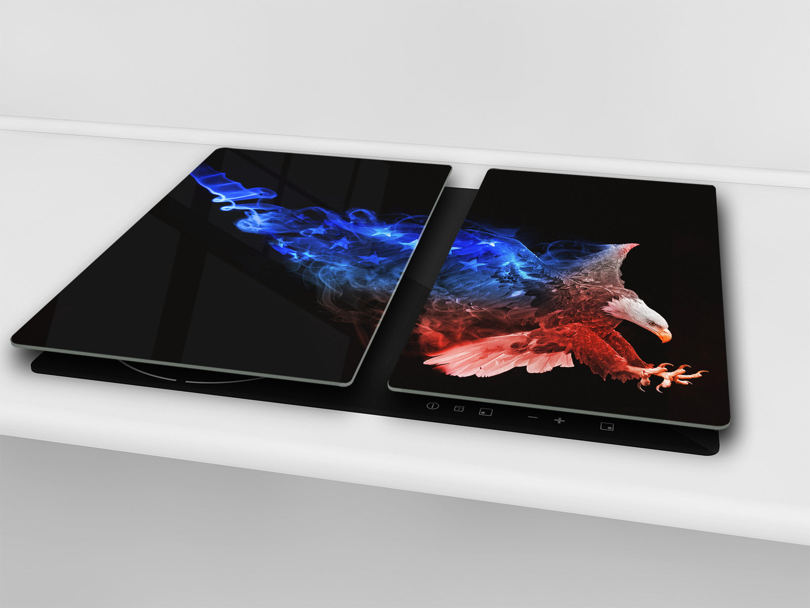 Induction Cooktop Cover Kitchen Board – Impact Resistant Glass Pastry Board; MEASURES: SINGLE: 60 x 52 cm (23,62” x 20,47”); DOUBLE: 30 x 52 cm (11,81” x 20,47”); D37 Animals Series : Colourful eagle