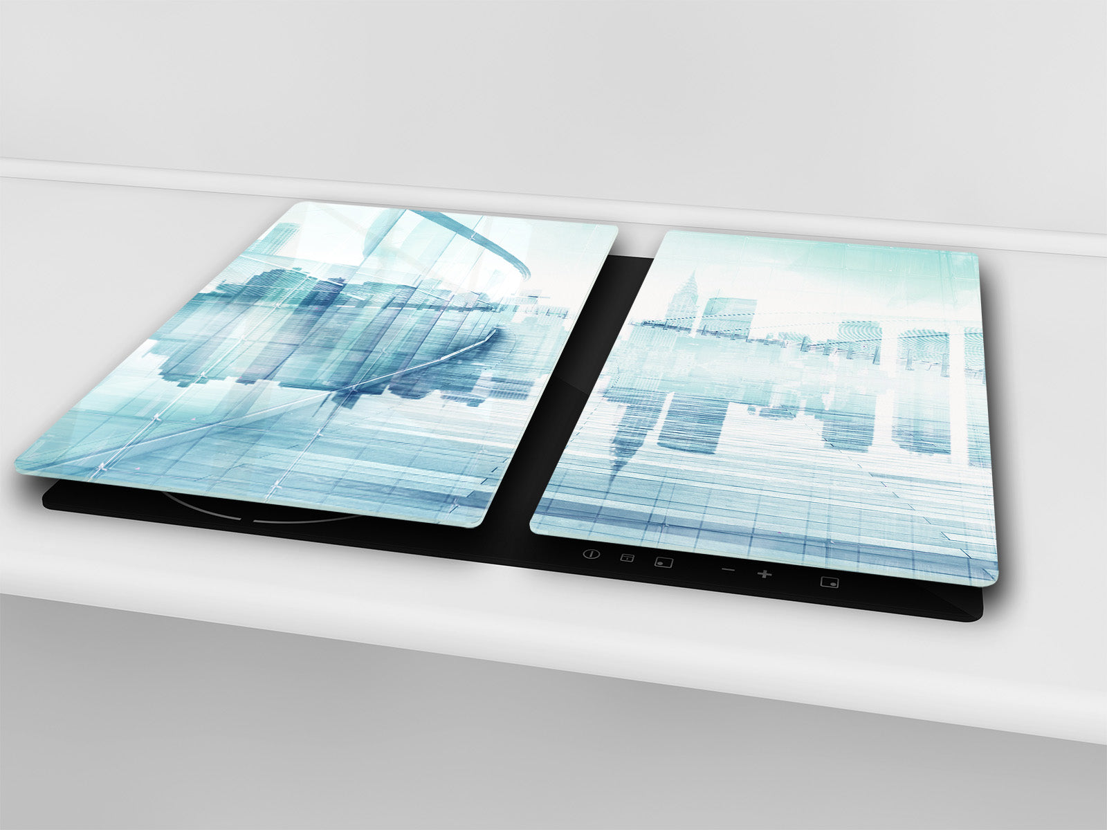 Chopping Board Set - Induction Cooktop Cover –Glass Cutting Board; MEASURES: SINGLE: 60 x 52 cm (23,62” x 20,47”); DOUBLE: 30 x 52 cm (11,81” x 20,47”); D39 Miscellaneous Series : Abstract cityscape 1