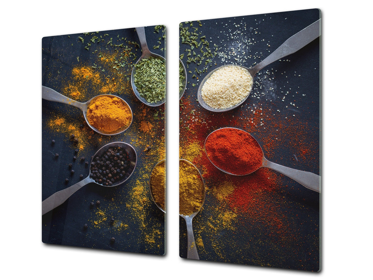 Induction Cooktop Cover –Shatter Resistant Glass Kitchen Board – Hob cover; MEASURES: SINGLE: 60 x 52 cm (23,62” x 20,47”); DOUBLE: 30 x 52 cm (11,81” x 20,47”); D38 Herbs and spices Series : Spoonful of spices