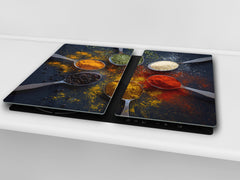Induction Cooktop Cover –Shatter Resistant Glass Kitchen Board – Hob cover; MEASURES: SINGLE: 60 x 52 cm (23,62” x 20,47”); DOUBLE: 30 x 52 cm (11,81” x 20,47”); D38 Herbs and spices Series : Spoonful of spices