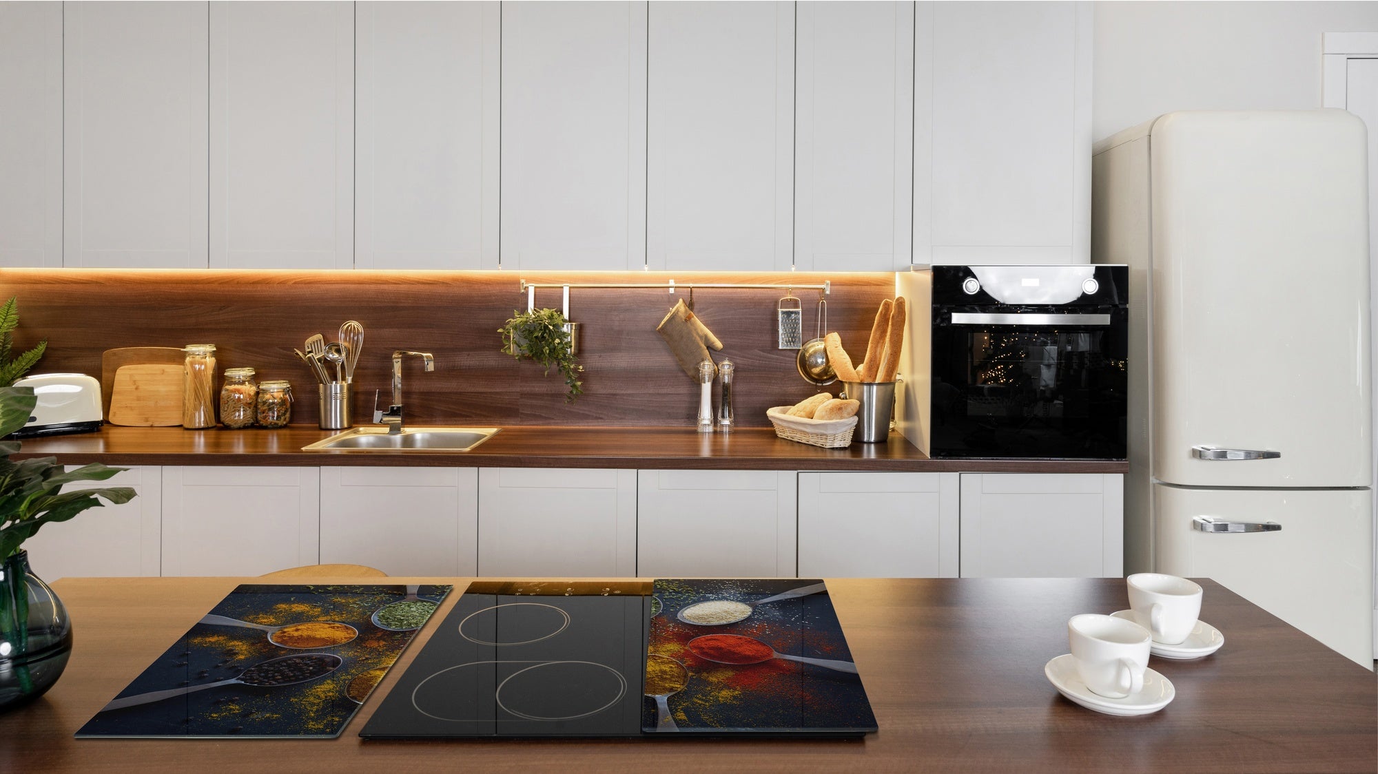 Induction Cooktop Cover –Shatter Resistant Glass Kitchen Board – Hob cover; MEASURES: SINGLE: 60 x 52 cm (23,62” x 20,47”); DOUBLE: 30 x 52 cm (11,81” x 20,47”); D38 Herbs and spices Series : Spoonful of spices