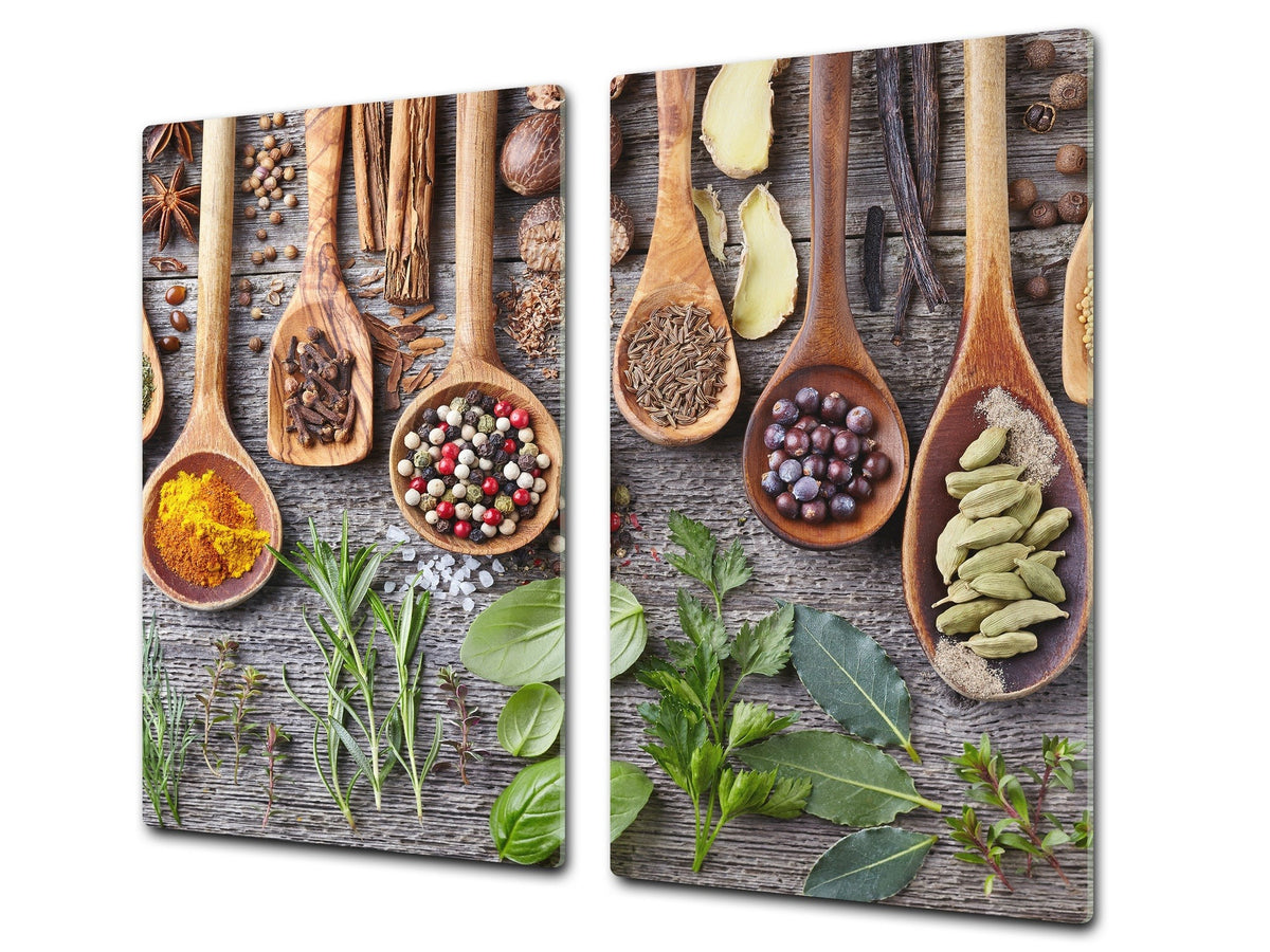 Induction Cooktop Cover –Shatter Resistant Glass Kitchen Board – Hob cover; MEASURES: SINGLE: 60 x 52 cm (23,62” x 20,47”); DOUBLE: 30 x 52 cm (11,81” x 20,47”); D38 Herbs and spices Series : Herbs and spices 1