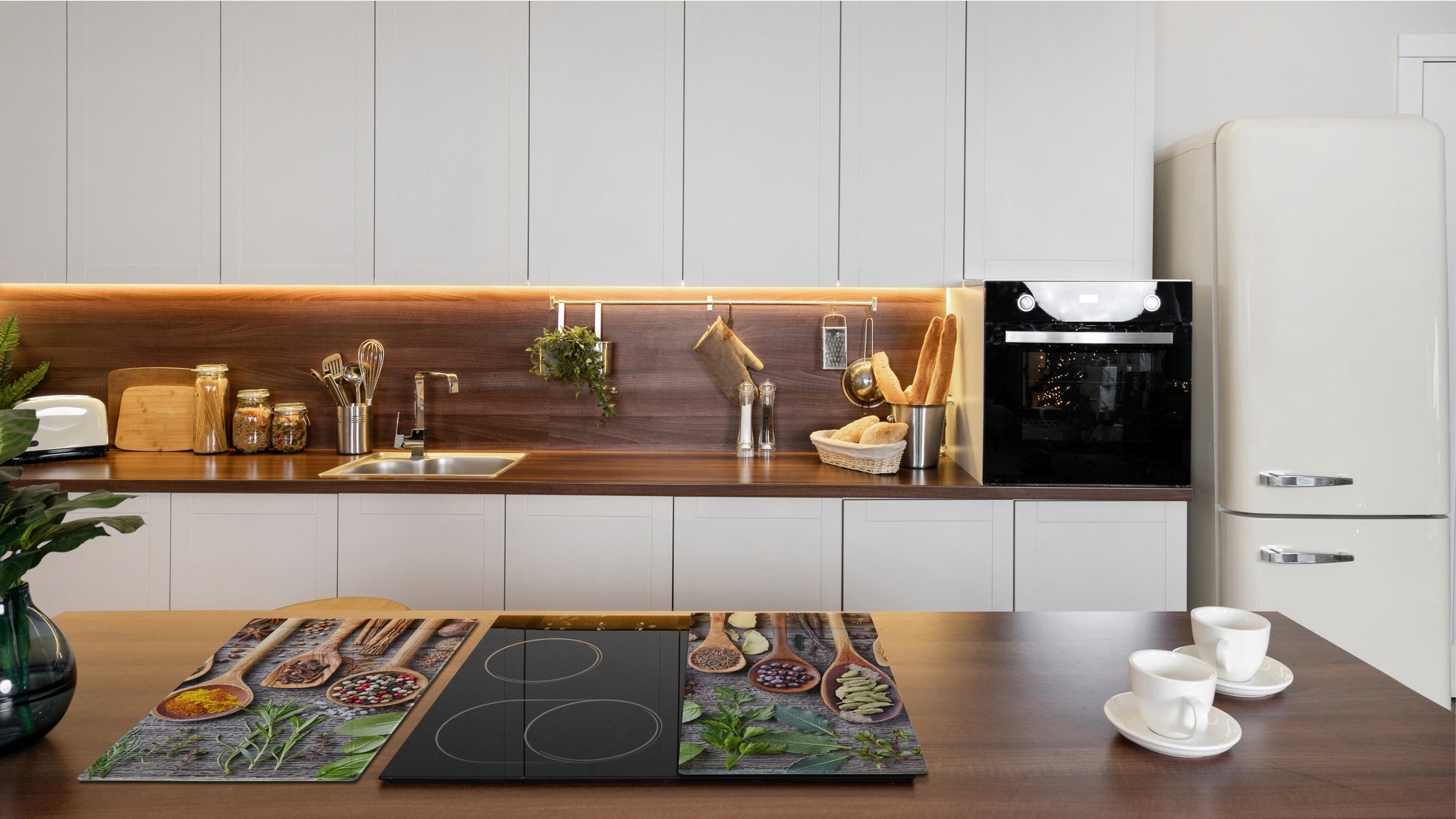Induction Cooktop Cover –Shatter Resistant Glass Kitchen Board – Hob cover; MEASURES: SINGLE: 60 x 52 cm (23,62” x 20,47”); DOUBLE: 30 x 52 cm (11,81” x 20,47”); D38 Herbs and spices Series : Herbs and spices 1