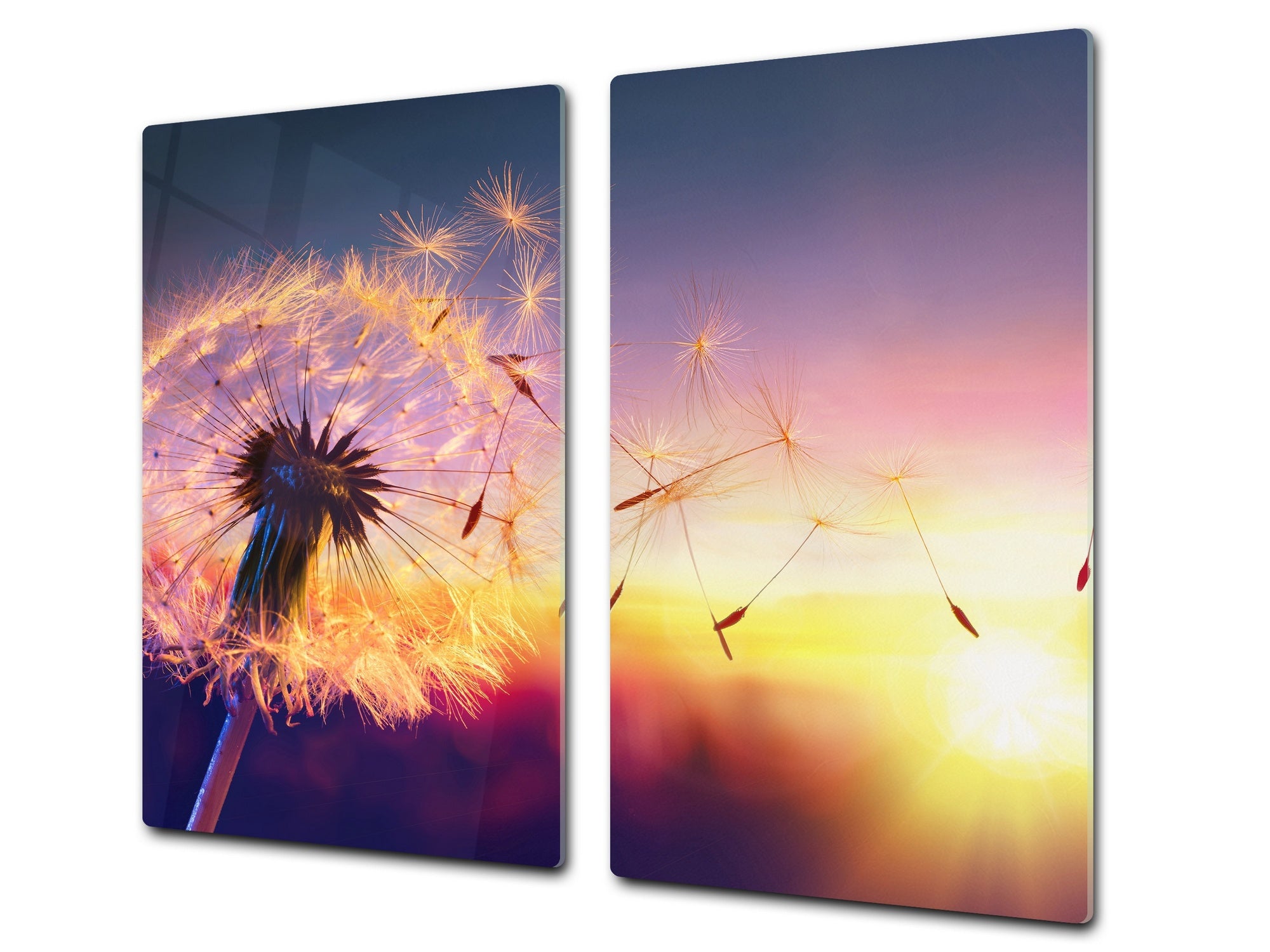 Tempered GLASS Cutting Board – Worktop saver and Pastry Board –- Glass Kitchen Board; MEASURES: SINGLE: 60 x 52 cm (23,62” x 20,47”); DOUBLE: 30 x 52 cm (11,81” x 20,47”); D34 Nature Series: Sunset dandelion