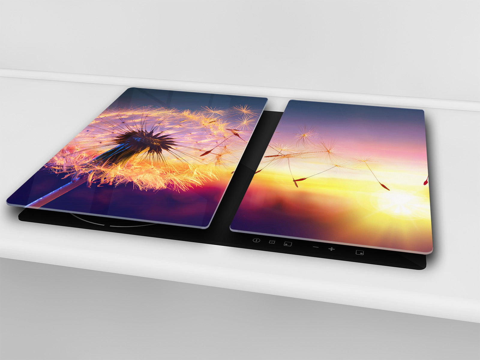 Tempered GLASS Cutting Board – Worktop saver and Pastry Board –- Glass Kitchen Board; MEASURES: SINGLE: 60 x 52 cm (23,62” x 20,47”); DOUBLE: 30 x 52 cm (11,81” x 20,47”); D34 Nature Series: Sunset dandelion