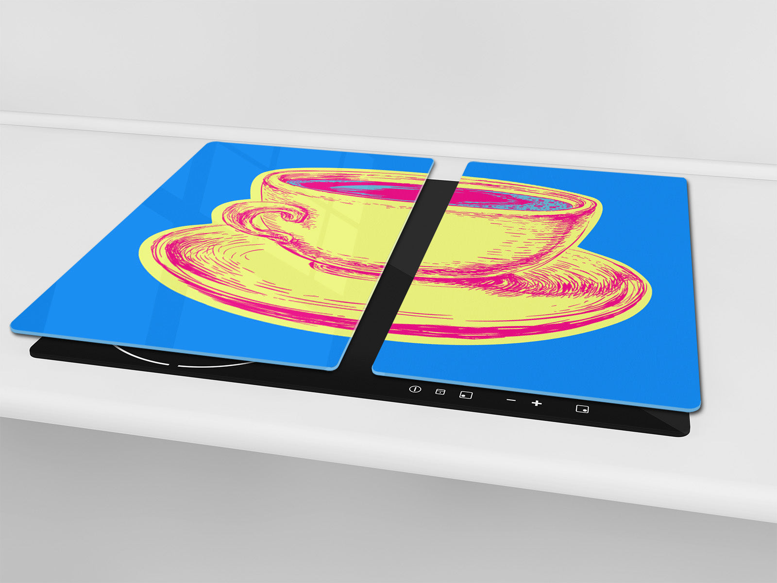 KITCHEN BOARD & Induction Cooktop Cover – Glass Pastry Board - Tempered Glass Chopping Board and Serving Tray – DIMENSIONS: SINGLE: 23,62” x 20,47”; DOUBLE: 11,81” x 20,47” – D44 Pop Art Series : Pop Art Cup of Coffee 2