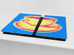 KITCHEN BOARD & Induction Cooktop Cover – Glass Pastry Board - Tempered Glass Chopping Board and Serving Tray – DIMENSIONS: SINGLE: 23,62” x 20,47”; DOUBLE: 11,81” x 20,47” – D44 Pop Art Series : Pop Art Cup of Coffee 2