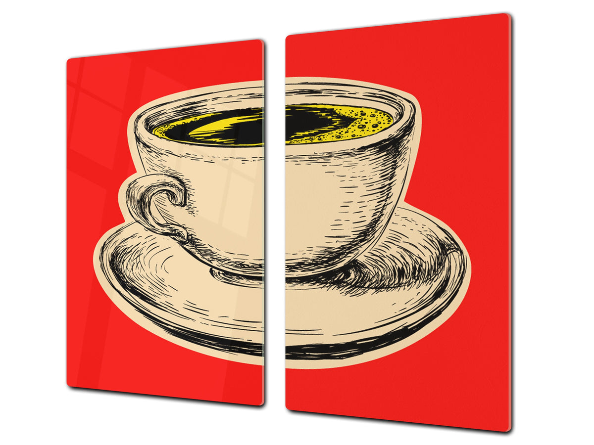 KITCHEN BOARD & Induction Cooktop Cover – Glass Pastry Board - Tempered Glass Chopping Board and Serving Tray – DIMENSIONS: SINGLE: 23,62” x 20,47”; DOUBLE: 11,81” x 20,47” – D44 Pop Art Series : Pop Art Cup of Coffee 3
