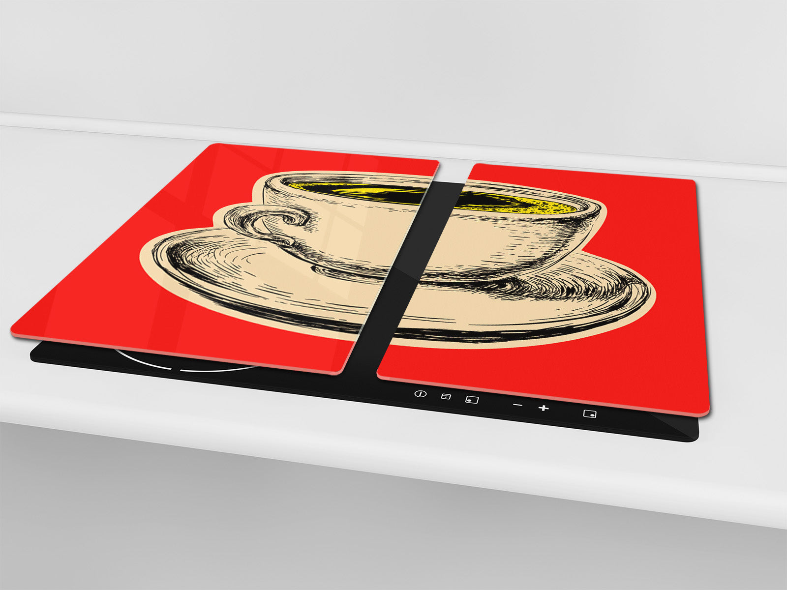 KITCHEN BOARD & Induction Cooktop Cover – Glass Pastry Board - Tempered Glass Chopping Board and Serving Tray – DIMENSIONS: SINGLE: 23,62” x 20,47”; DOUBLE: 11,81” x 20,47” – D44 Pop Art Series : Pop Art Cup of Coffee 3