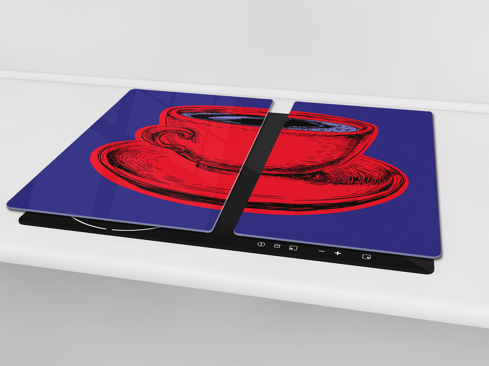 KITCHEN BOARD & Induction Cooktop Cover – Glass Pastry Board - Tempered Glass Chopping Board and Serving Tray – DIMENSIONS: SINGLE: 23,62” x 20,47”; DOUBLE: 11,81” x 20,47” – D44 Pop Art Series : Pop Art Cup of Coffee 4