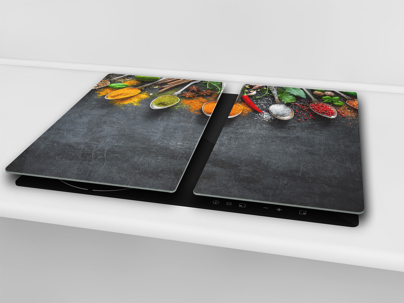 Induction Cooktop Cover –Shatter Resistant Glass Kitchen Board – Hob cover; MEASURES: SINGLE: 60 x 52 cm (23,62” x 20,47”); DOUBLE: 30 x 52 cm (11,81” x 20,47”); D38 Herbs and spices Series : Herbs and spices 2