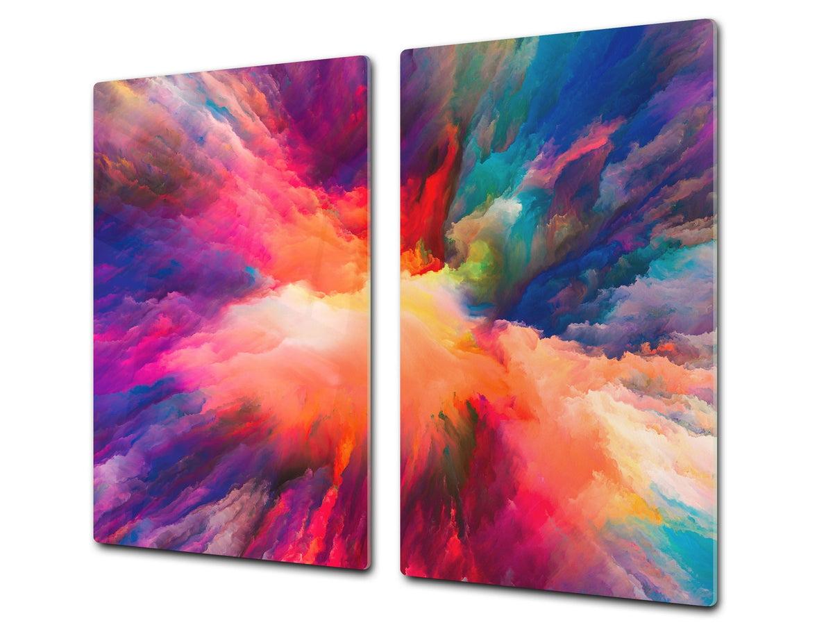 TEMPERED GLASS CHOPPING BOARD – Glass Cutting Board and Worktop Saver; MEASURES: SINGLE: 60 x 52 cm (23,62” x 20,47”); DOUBLE: 30 x 52 cm (11,81” x 20,47”); D36 Textures Series : Colours splash