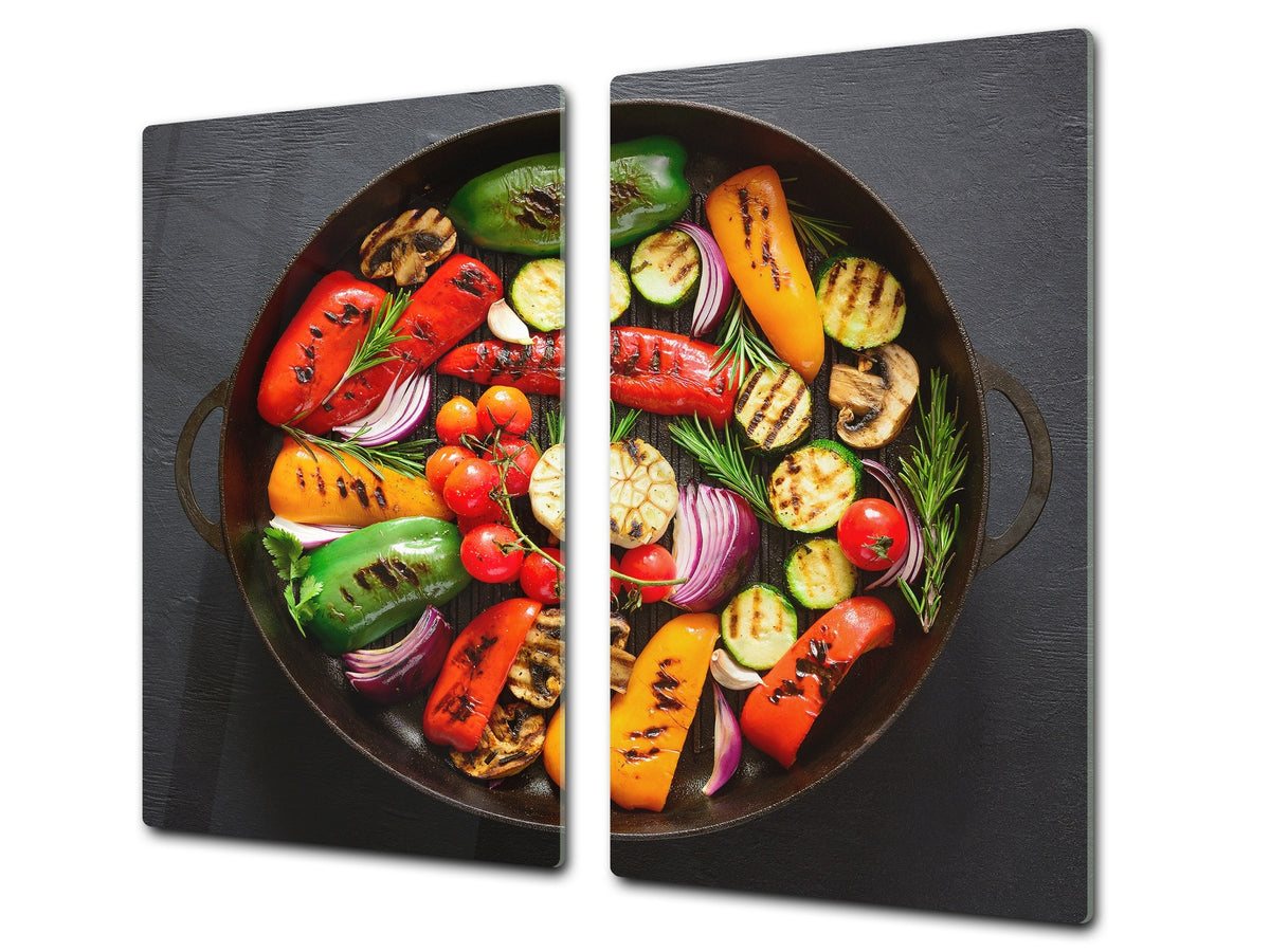 Induction Cooktop Cover –Shatter Resistant Glass Kitchen Board – Hob cover; MEASURES: SINGLE: 60 x 52 cm (23,62” x 20,47”); DOUBLE: 30 x 52 cm (11,81” x 20,47”); D38 Herbs and spices Series : Grilled vegetables