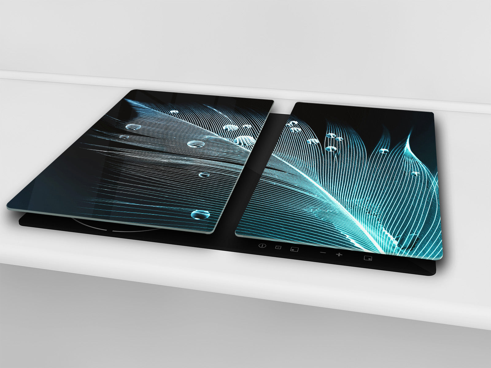 Chopping Board Set - Induction Cooktop Cover –Glass Cutting Board; MEASURES: SINGLE: 60 x 52 cm (23,62” x 20,47”); DOUBLE: 30 x 52 cm (11,81” x 20,47”); D39 Miscellaneous Series : Feather water drops