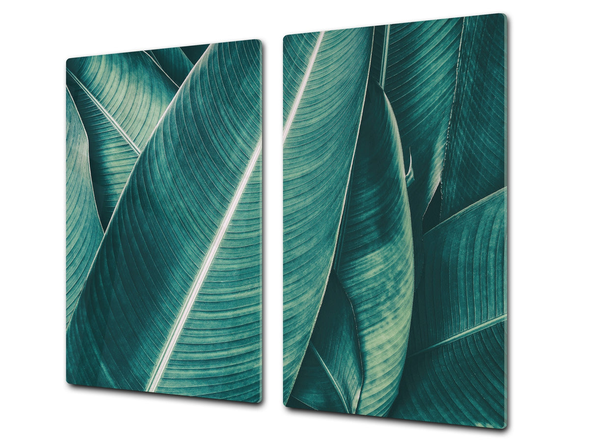 Tempered GLASS Cutting Board – Worktop saver and Pastry Board –- Glass Kitchen Board; MEASURES: SINGLE: 60 x 52 cm (23,62” x 20,47”); DOUBLE: 30 x 52 cm (11,81” x 20,47”); D34 Nature Series: Tropical leaves texture