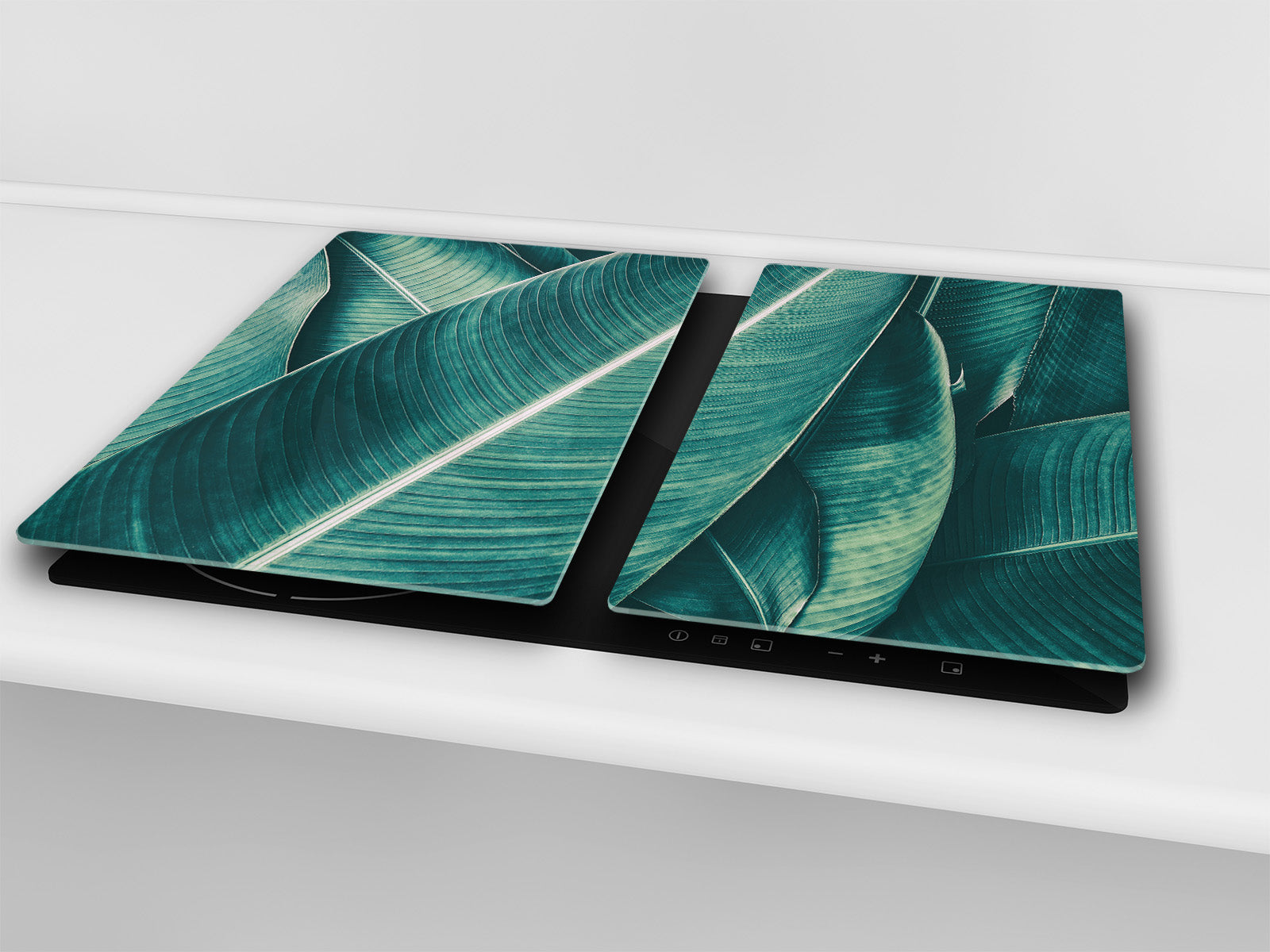 Tempered GLASS Cutting Board – Worktop saver and Pastry Board –- Glass Kitchen Board; MEASURES: SINGLE: 60 x 52 cm (23,62” x 20,47”); DOUBLE: 30 x 52 cm (11,81” x 20,47”); D34 Nature Series: Tropical leaves texture