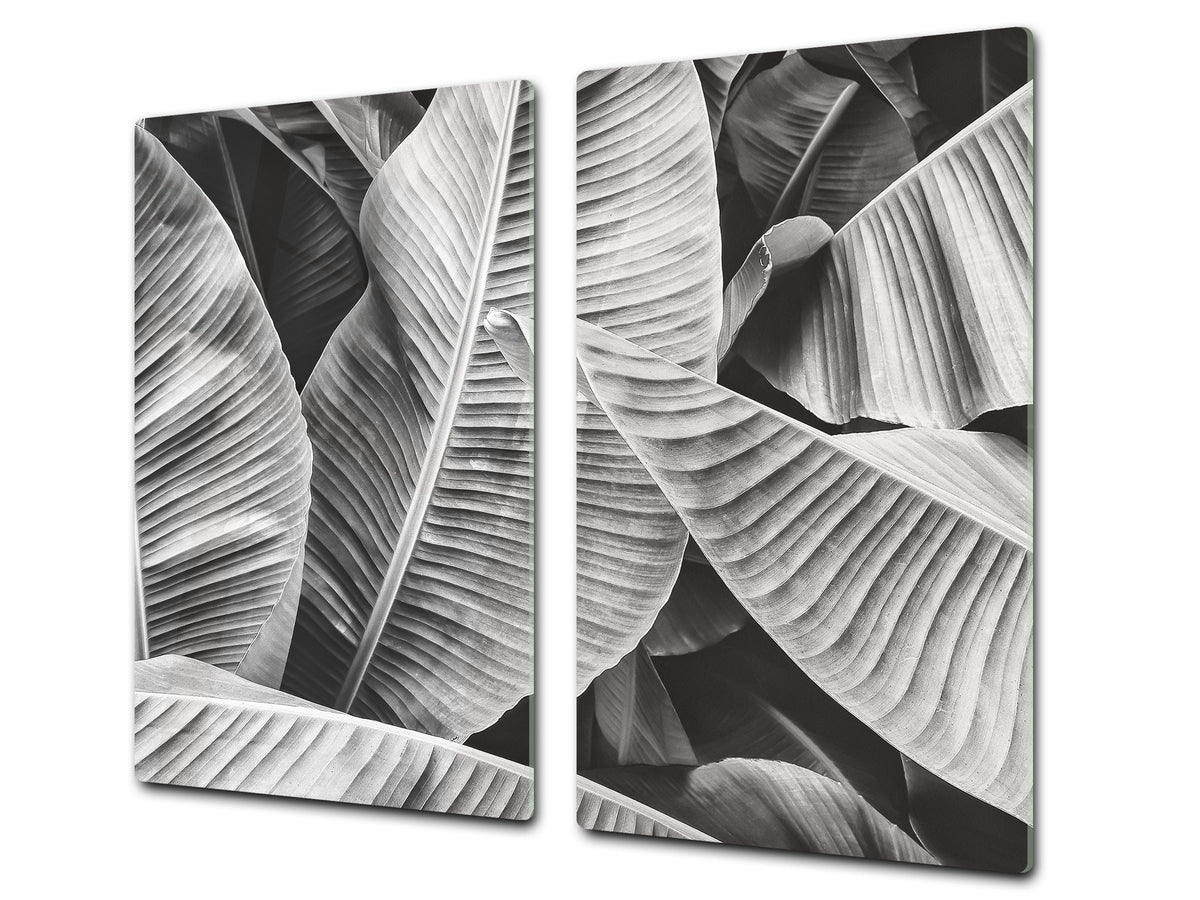 Tempered GLASS Cutting Board – Worktop saver and Pastry Board –- Glass Kitchen Board; MEASURES: SINGLE: 60 x 52 cm (23,62” x 20,47”); DOUBLE: 30 x 52 cm (11,81” x 20,47”); D34 Nature Series: Black and white banana leaves