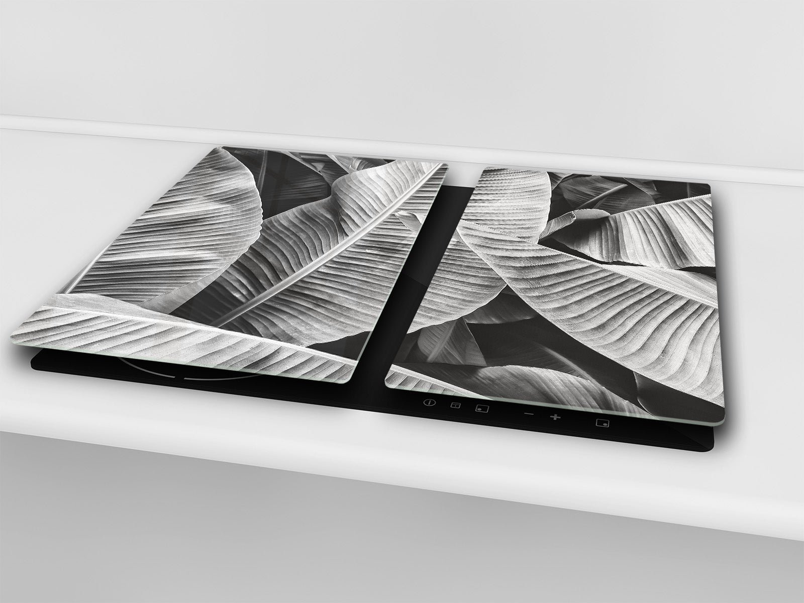 Tempered GLASS Cutting Board – Worktop saver and Pastry Board –- Glass Kitchen Board; MEASURES: SINGLE: 60 x 52 cm (23,62” x 20,47”); DOUBLE: 30 x 52 cm (11,81” x 20,47”); D34 Nature Series: Black and white banana leaves