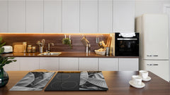 Tempered GLASS Cutting Board – Worktop saver and Pastry Board –- Glass Kitchen Board; MEASURES: SINGLE: 60 x 52 cm (23,62” x 20,47”); DOUBLE: 30 x 52 cm (11,81” x 20,47”); D34 Nature Series: Black and white banana leaves