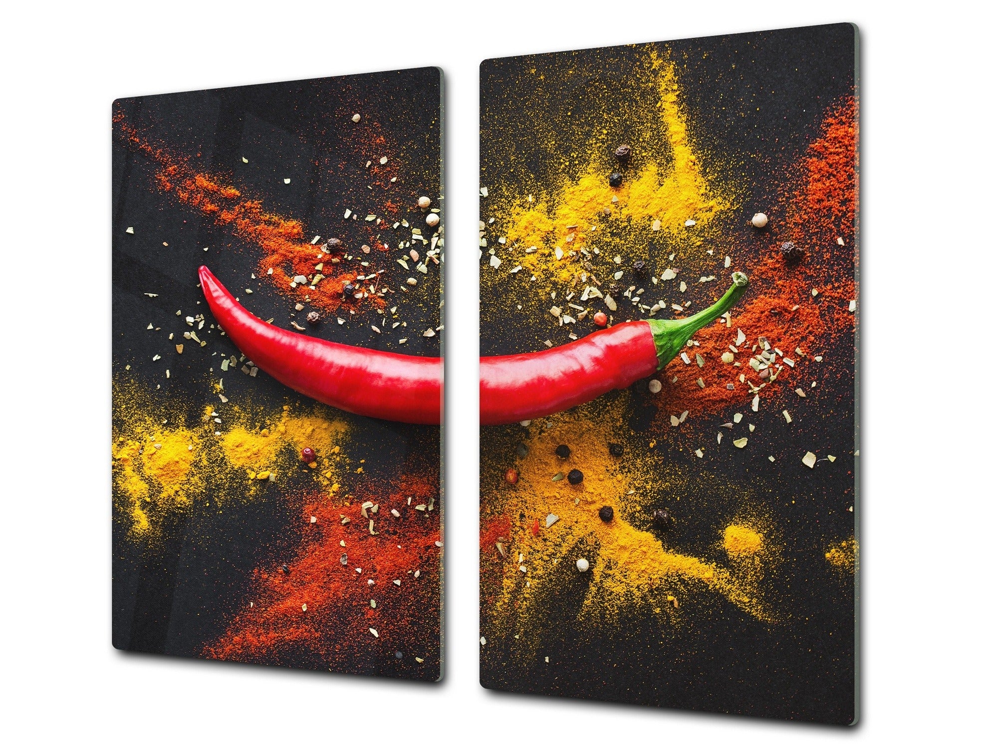 Induction Cooktop Cover –Shatter Resistant Glass Kitchen Board – Hob cover; MEASURES: SINGLE: 60 x 52 cm (23,62” x 20,47”); DOUBLE: 30 x 52 cm (11,81” x 20,47”); D38 Herbs and spices Series : Chilli pepper
