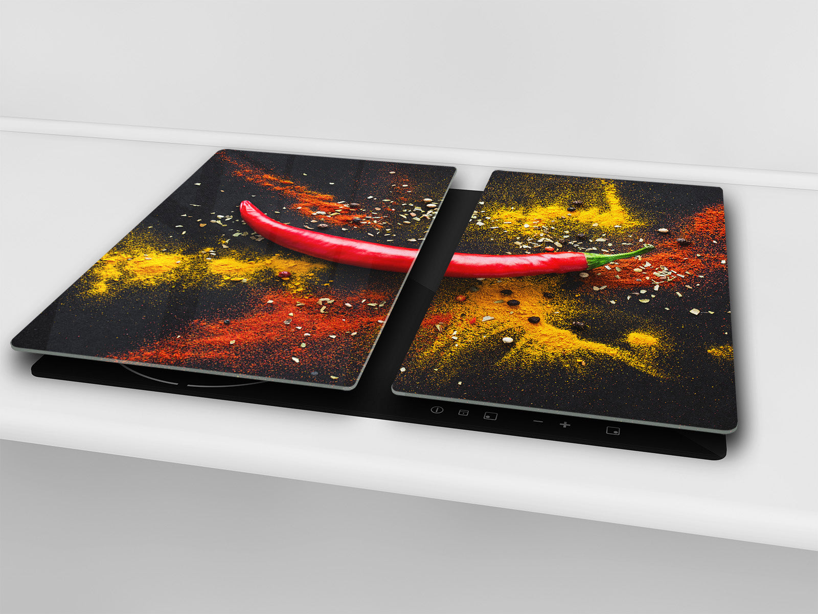 Induction Cooktop Cover –Shatter Resistant Glass Kitchen Board – Hob cover; MEASURES: SINGLE: 60 x 52 cm (23,62” x 20,47”); DOUBLE: 30 x 52 cm (11,81” x 20,47”); D38 Herbs and spices Series : Chilli pepper