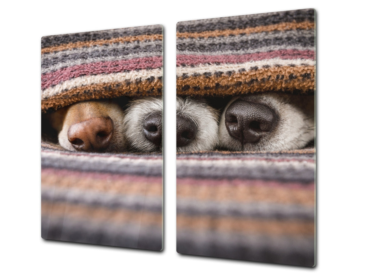 Induction Cooktop Cover Kitchen Board – Impact Resistant Glass Pastry Board; MEASURES: SINGLE: 60 x 52 cm (23,62” x 20,47”); DOUBLE: 30 x 52 cm (11,81” x 20,47”); D37 Animals Series : Sleeping dogs