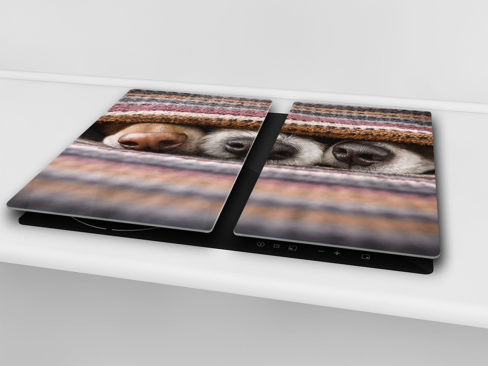 Induction Cooktop Cover Kitchen Board – Impact Resistant Glass Pastry Board; MEASURES: SINGLE: 60 x 52 cm (23,62” x 20,47”); DOUBLE: 30 x 52 cm (11,81” x 20,47”); D37 Animals Series : Sleeping dogs