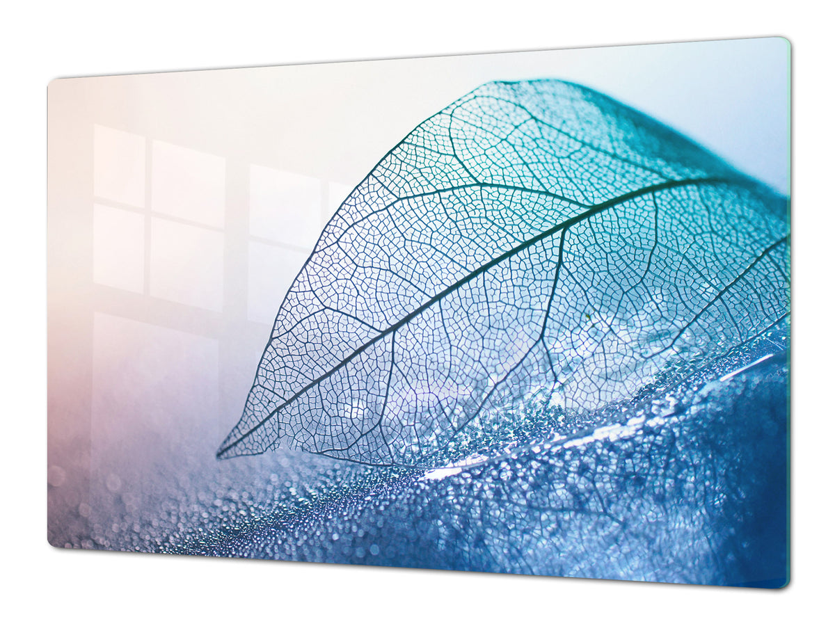 Gigantic Worktop saver and Pastry Board - Tempered GLASS Cutting Board - MEASURES: SINGLE: 80 x 52 cm; DOUBLE: 40 x 52 cm; DD44 Nature series : Transparent blue leaf