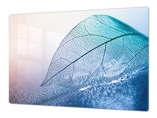 Gigantic Worktop saver and Pastry Board - Tempered GLASS Cutting Board - MEASURES: SINGLE: 80 x 52 cm; DOUBLE: 40 x 52 cm; DD44 Nature series : Transparent blue leaf