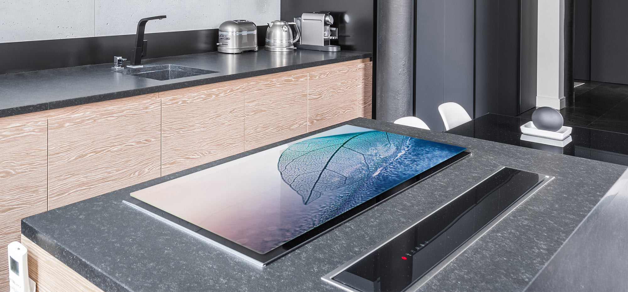 Gigantic Worktop saver and Pastry Board - Tempered GLASS Cutting Board - MEASURES: SINGLE: 80 x 52 cm; DOUBLE: 40 x 52 cm; DD44 Nature series : Transparent blue leaf