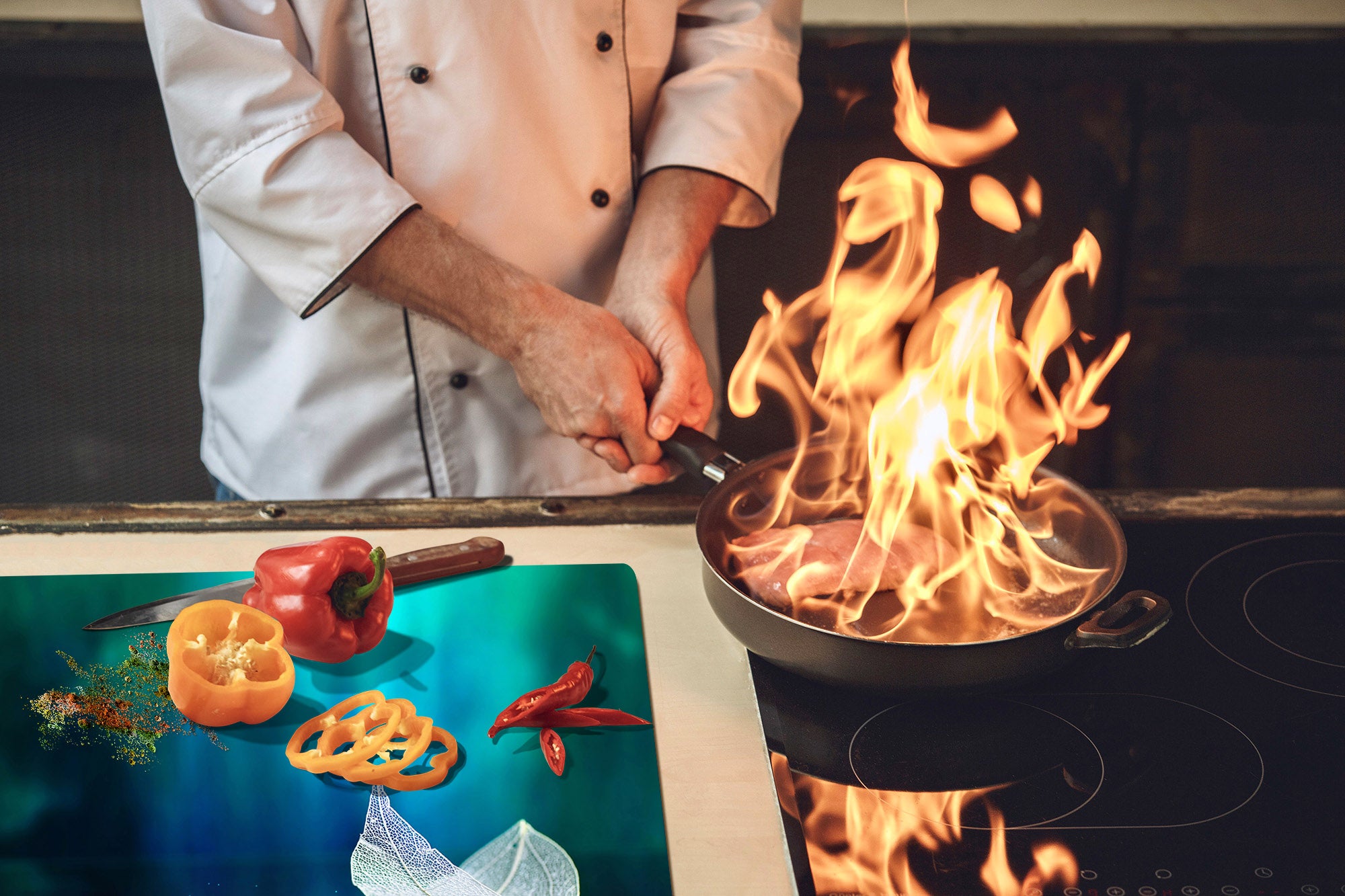 Gigantic Worktop saver and Pastry Board - Tempered GLASS Cutting Board - MEASURES: SINGLE: 80 x 52 cm; DOUBLE: 40 x 52 cm; DD44 Nature series : Leaf on a mirror surface 2