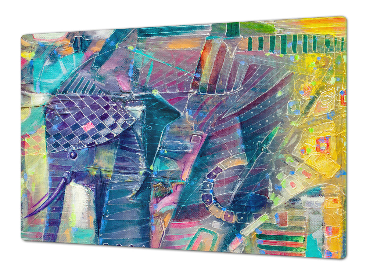 UNIQUE Tempered GLASS Kitchen Board – Impact & Scratch Resistant Cooktop cover – SINGLE: 80 x 52 cm; DOUBLE: 40 x 52 cm; DD45 Art Series : Abstract Indian elephant