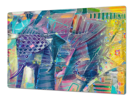 UNIQUE Tempered GLASS Kitchen Board – Impact & Scratch Resistant Cooktop cover – SINGLE: 80 x 52 cm; DOUBLE: 40 x 52 cm; DD45 Art Series : Abstract Indian elephant