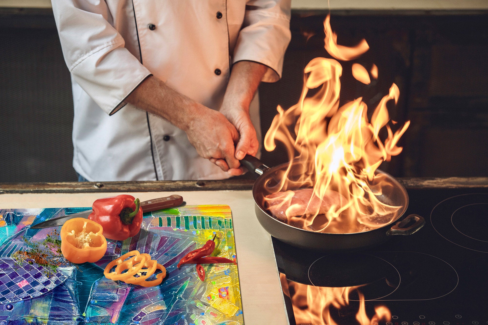 UNIQUE Tempered GLASS Kitchen Board – Impact & Scratch Resistant Cooktop cover – SINGLE: 80 x 52 cm; DOUBLE: 40 x 52 cm; DD45 Art Series : Abstract Indian elephant