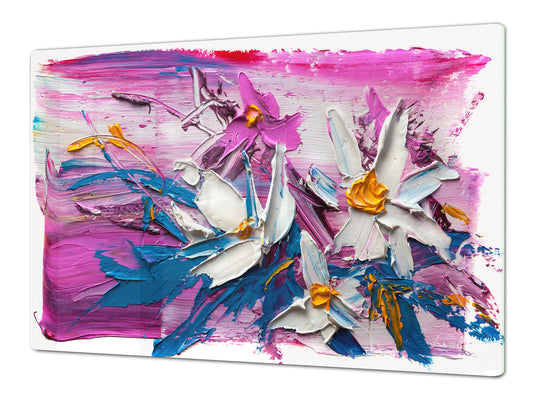 UNIQUE Tempered GLASS Kitchen Board – Impact & Scratch Resistant Cooktop cover – SINGLE: 80 x 52 cm; DOUBLE: 40 x 52 cm; DD45 Art Series : Bouquet of flowers