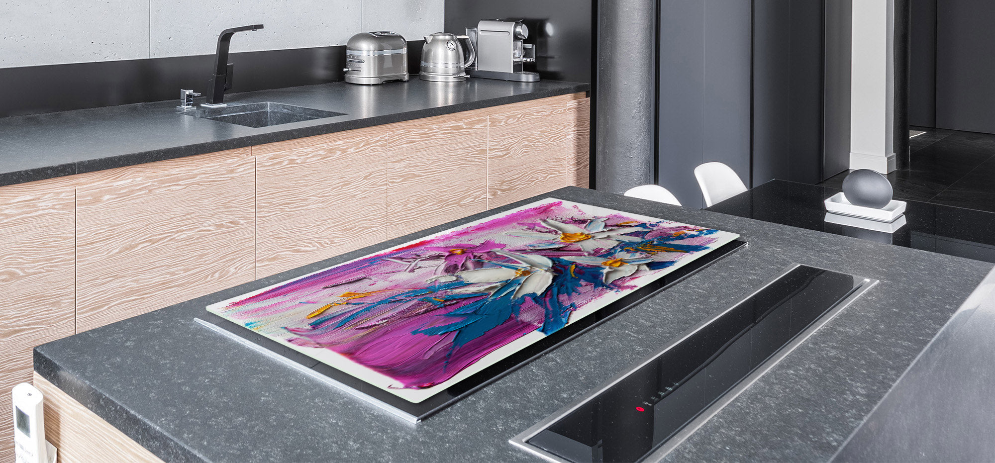 UNIQUE Tempered GLASS Kitchen Board – Impact & Scratch Resistant Cooktop cover – SINGLE: 80 x 52 cm; DOUBLE: 40 x 52 cm; DD45 Art Series : Bouquet of flowers