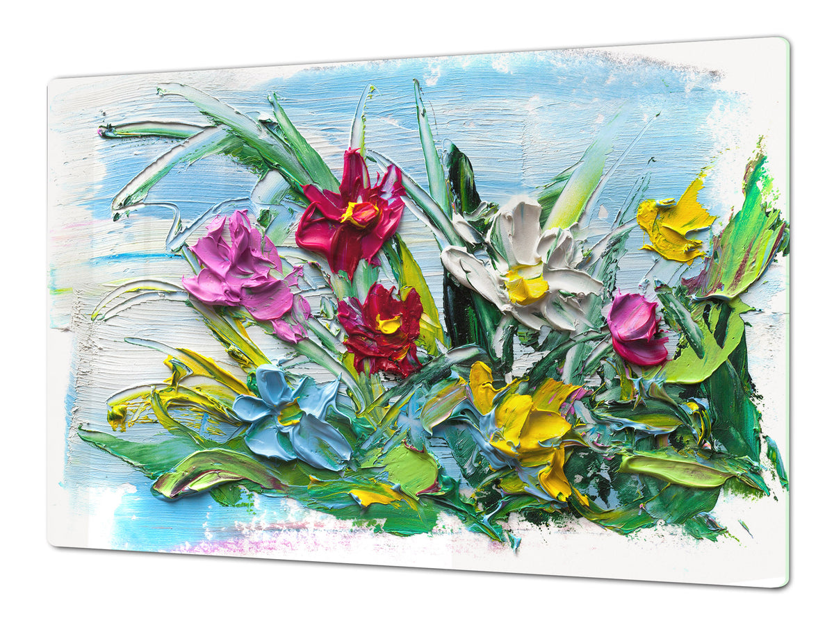 UNIQUE Tempered GLASS Kitchen Board – Impact & Scratch Resistant Cooktop cover – SINGLE: 80 x 52 cm; DOUBLE: 40 x 52 cm; DD45 Art Series : Bouquet of flowers 2