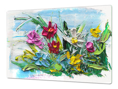 UNIQUE Tempered GLASS Kitchen Board – Impact & Scratch Resistant Cooktop cover – SINGLE: 80 x 52 cm; DOUBLE: 40 x 52 cm; DD45 Art Series : Bouquet of flowers 2