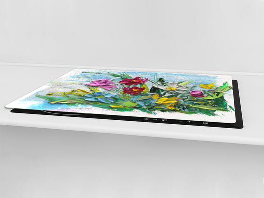 UNIQUE Tempered GLASS Kitchen Board – Impact & Scratch Resistant Cooktop cover – SINGLE: 80 x 52 cm; DOUBLE: 40 x 52 cm; DD45 Art Series : Bouquet of flowers 2